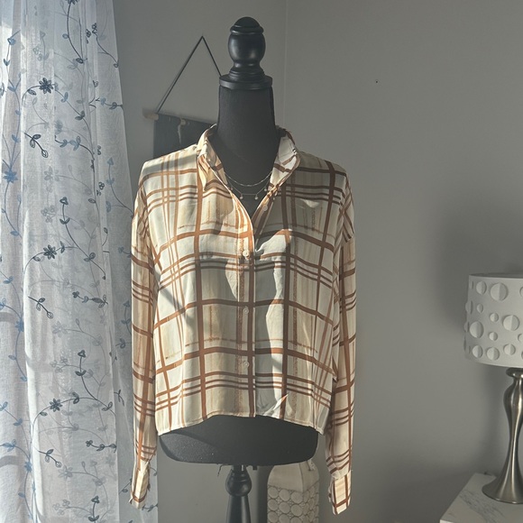 Express Tops - Express Cream and Brown Plaid Button-Down Shirt
